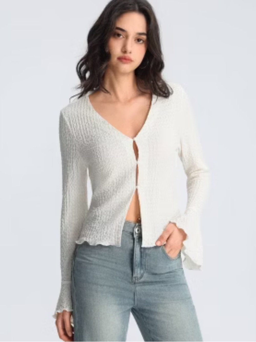 Ruffle Flare Long Sleeve Button-Front Top Taupe Size Medium
